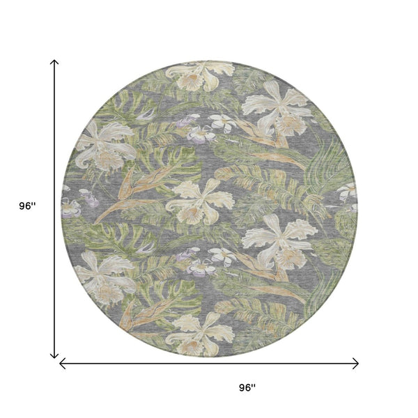 HomeRoots 5' Gray Beige and Olive Green Botanical Leaves Area Rug - Washable, Durable for Indoor or Outdoor Use 8' Round 618402