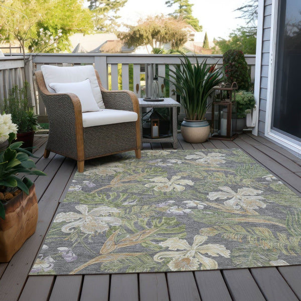 HomeRoots 5' Gray Beige and Olive Green Botanical Leaves Area Rug - Washable, Durable for Indoor or Outdoor Use 8' X 10' 618403