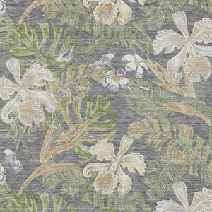 HomeRoots 5' Gray Beige and Olive Green Botanical Leaves Area Rug - Washable, Durable for Indoor or Outdoor Use 8' X 10' 618403