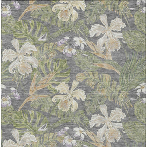 HomeRoots 5' Gray Beige and Olive Green Botanical Leaves Area Rug - Washable, Durable for Indoor or Outdoor Use 9' X 12' 618404