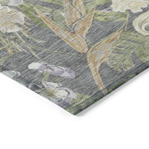 HomeRoots 5' Gray Beige and Olive Green Botanical Leaves Area Rug - Washable, Durable for Indoor or Outdoor Use 9' X 12' 618404
