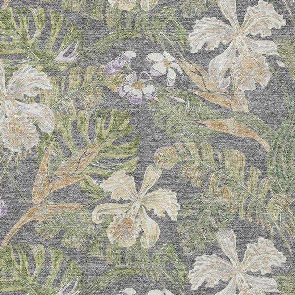 HomeRoots 5' Gray Beige and Olive Green Botanical Leaves Area Rug - Washable, Durable for Indoor or Outdoor Use 9' X 12' 618404