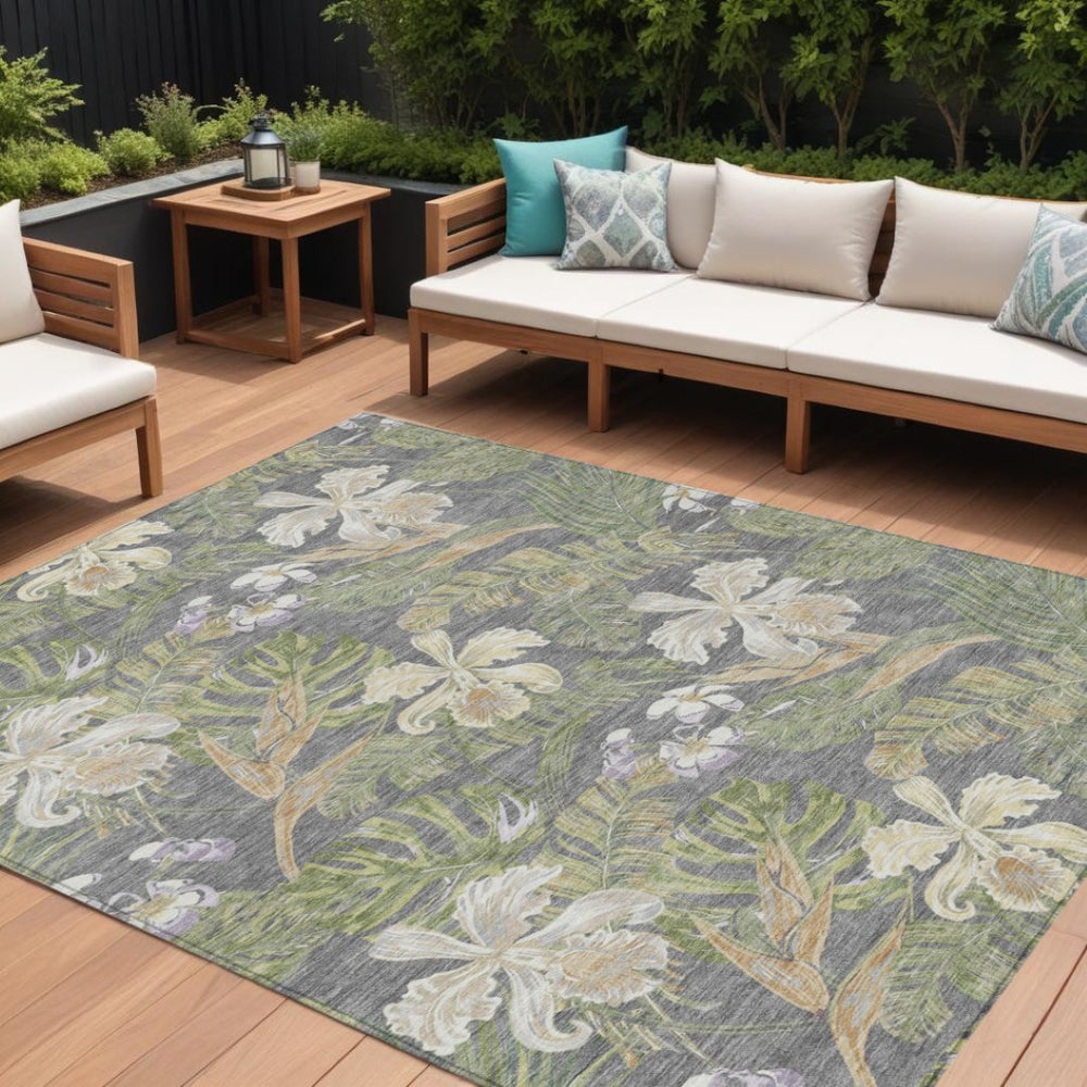 HomeRoots 5' Gray Beige and Olive Green Botanical Leaves Area Rug - Washable, Durable for Indoor or Outdoor Use 10' X 14' 618405