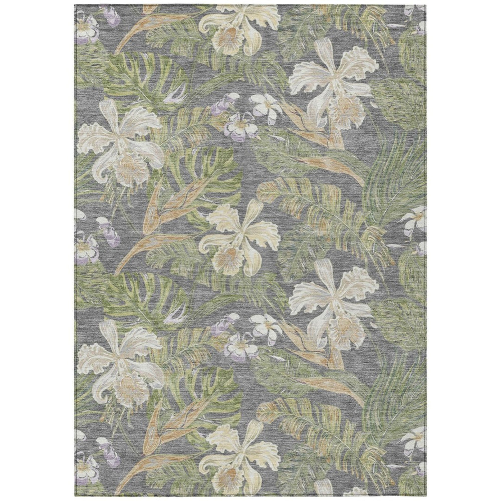 HomeRoots 5' Gray Beige and Olive Green Botanical Leaves Area Rug - Washable, Durable for Indoor or Outdoor Use 10' X 14' 618405