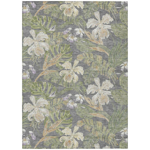 HomeRoots 5' Gray Beige and Olive Green Botanical Leaves Area Rug - Washable, Durable for Indoor or Outdoor Use 10' X 14' 618405