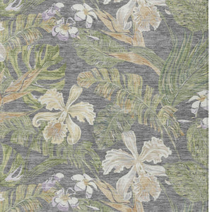 HomeRoots 5' Gray Beige and Olive Green Botanical Leaves Area Rug - Washable, Durable for Indoor or Outdoor Use 10' X 14' 618405