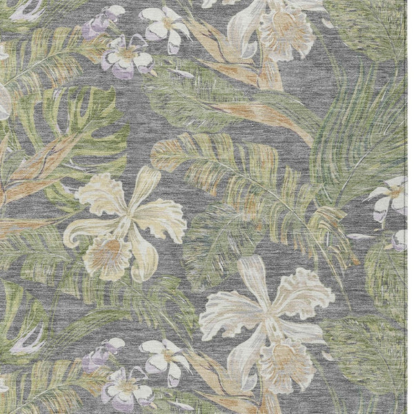 HomeRoots 5' Gray Beige and Olive Green Botanical Leaves Area Rug - Washable, Durable for Indoor or Outdoor Use 10' X 14' 618405