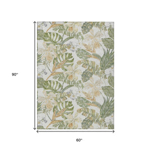 HomeRoots 5' Indoor Outdoor Area Rug - Elegant Botanical Leaves in Ivory, Wheat & Olive Green for Any Space 5' X 8' 618407