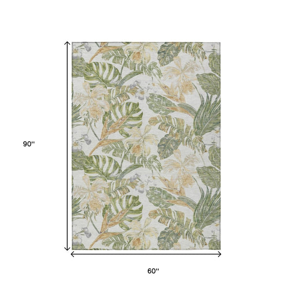 HomeRoots 5' Indoor Outdoor Area Rug - Elegant Botanical Leaves in Ivory, Wheat & Olive Green for Any Space 5' X 8' 618407