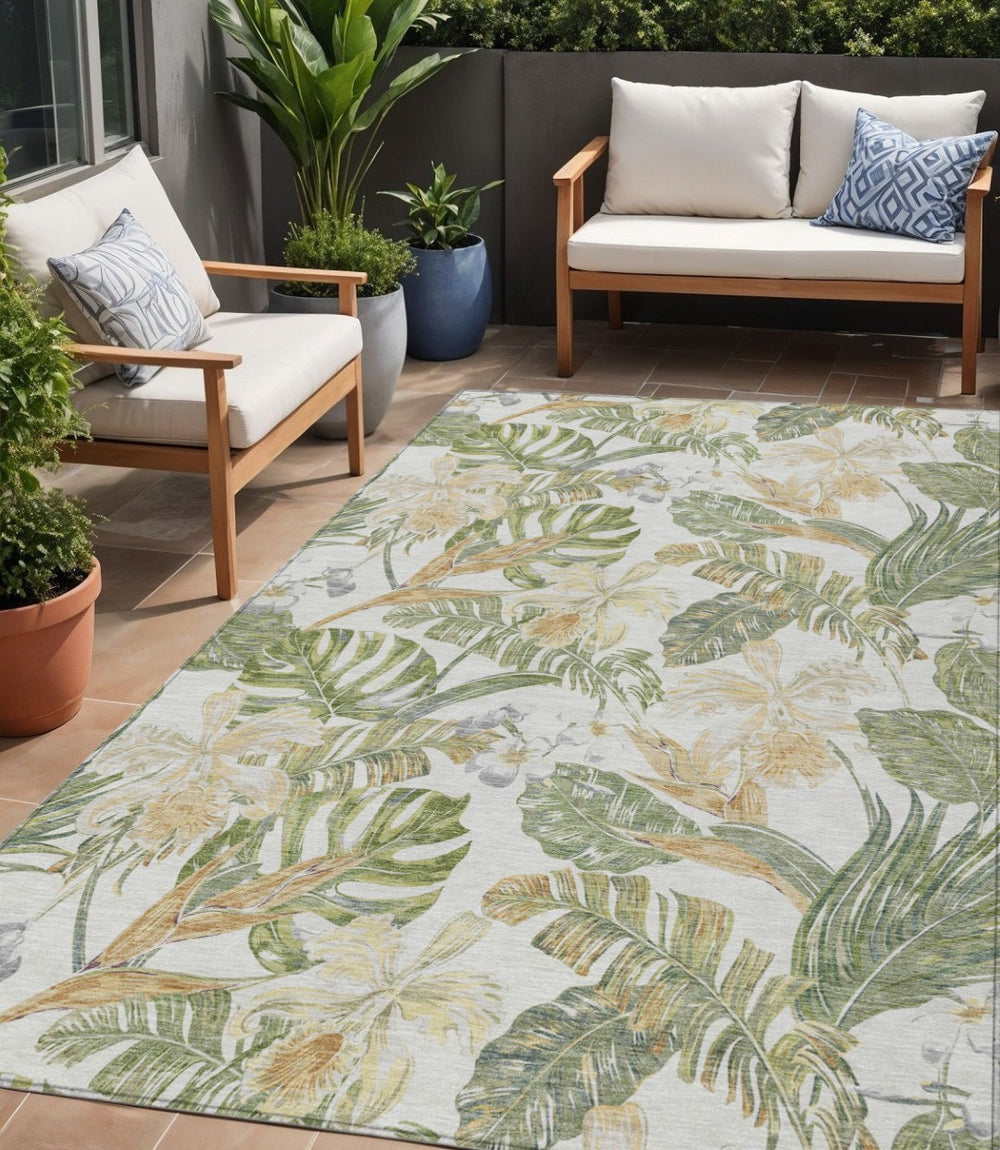 HomeRoots 5' Indoor Outdoor Area Rug - Elegant Botanical Leaves in Ivory, Wheat & Olive Green for Any Space 5' X 8' 618407