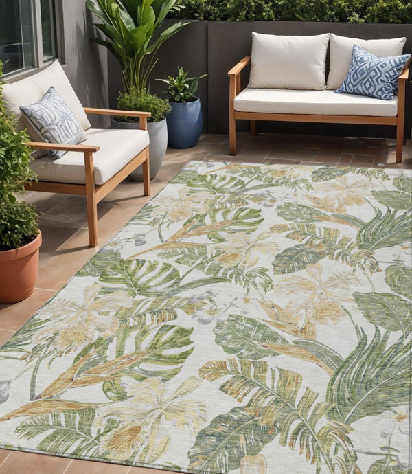 HomeRoots 5' Indoor Outdoor Area Rug - Elegant Botanical Leaves in Ivory, Wheat & Olive Green for Any Space 5' X 8' 618407