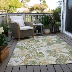 HomeRoots 5' Indoor Outdoor Area Rug - Elegant Botanical Leaves in Ivory, Wheat & Olive Green for Any Space 5' X 8' 618407