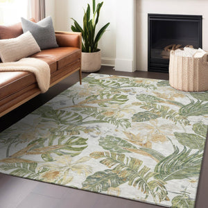 HomeRoots 5' Indoor Outdoor Area Rug - Elegant Botanical Leaves in Ivory, Wheat & Olive Green for Any Space 5' X 8' 618407