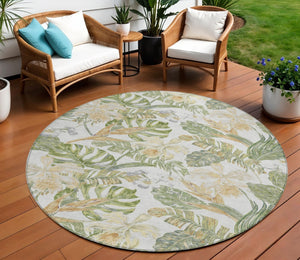 HomeRoots 5' Indoor Outdoor Area Rug - Elegant Botanical Leaves in Ivory, Wheat & Olive Green for Any Space 8' Round 618408