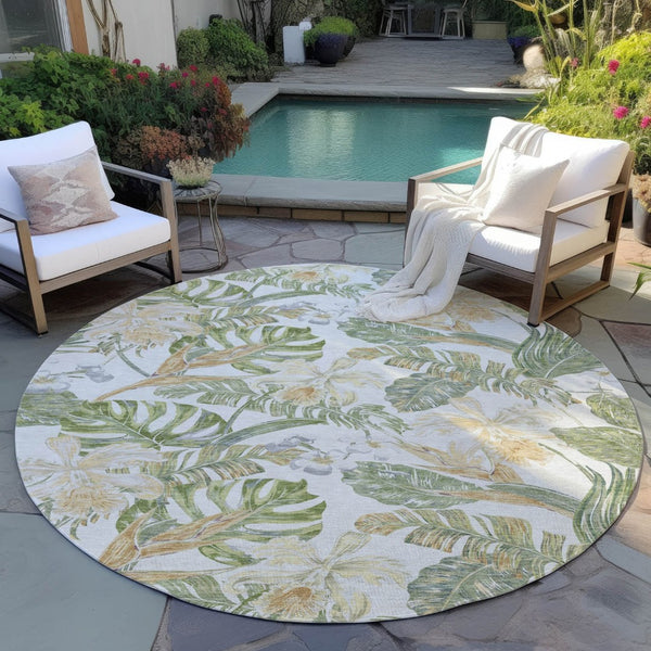 HomeRoots 5' Indoor Outdoor Area Rug - Elegant Botanical Leaves in Ivory, Wheat & Olive Green for Any Space 8' Round 618408