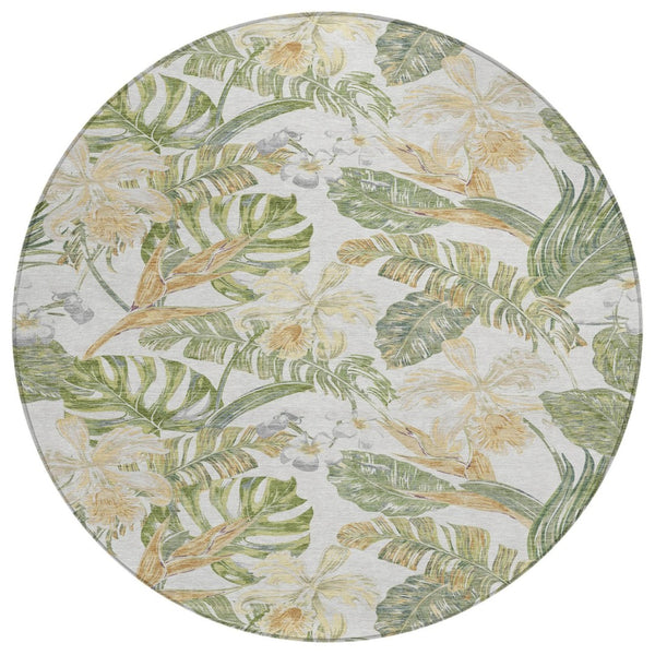 HomeRoots 5' Indoor Outdoor Area Rug - Elegant Botanical Leaves in Ivory, Wheat & Olive Green for Any Space 8' Round 618408