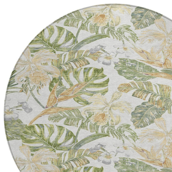 HomeRoots 5' Indoor Outdoor Area Rug - Elegant Botanical Leaves in Ivory, Wheat & Olive Green for Any Space 8' Round 618408