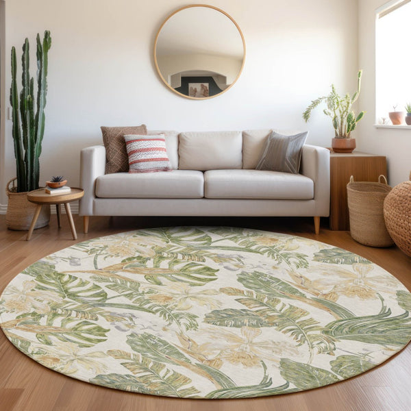 HomeRoots 5' Indoor Outdoor Area Rug - Elegant Botanical Leaves in Ivory, Wheat & Olive Green for Any Space 8' Round 618408