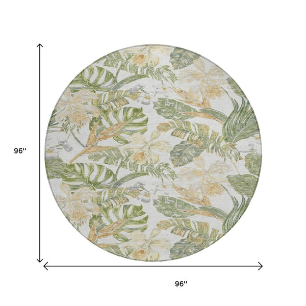 HomeRoots 5' Indoor Outdoor Area Rug - Elegant Botanical Leaves in Ivory, Wheat & Olive Green for Any Space 8' Round 618408