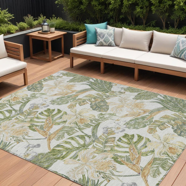 HomeRoots 5' Indoor Outdoor Area Rug - Elegant Botanical Leaves in Ivory, Wheat & Olive Green for Any Space 8' X 10' 618409
