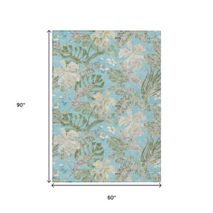 Homeroots 3' Stylish Botanical Leaves Area Rug - Durable, Washable, Perfect For Indoor & Outdoor Spaces Teal Polyester 618413
