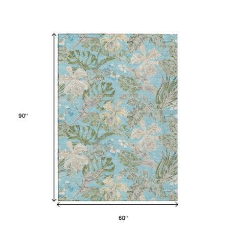 Homeroots 3' Stylish Botanical Leaves Area Rug - Durable, Washable, Perfect For Indoor & Outdoor Spaces Teal Polyester 618413