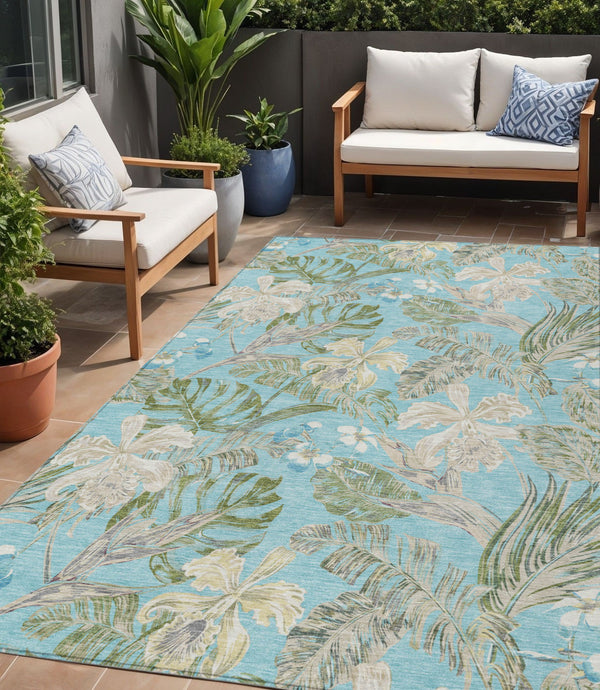 Homeroots 3' Stylish Botanical Leaves Area Rug - Durable, Washable, Perfect For Indoor & Outdoor Spaces Teal Polyester 618413