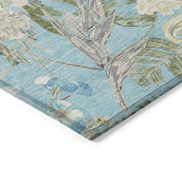 Homeroots 3' Stylish Botanical Leaves Area Rug - Durable, Washable, Perfect For Indoor & Outdoor Spaces Teal Polyester 618413