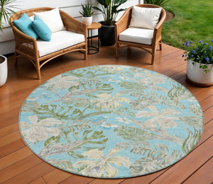 HomeRoots 5' Indoor Outdoor Botanical Leaves Area Rug in Teal Blue, Olive Green & Beige - Durable & Washable 8' Round 618414