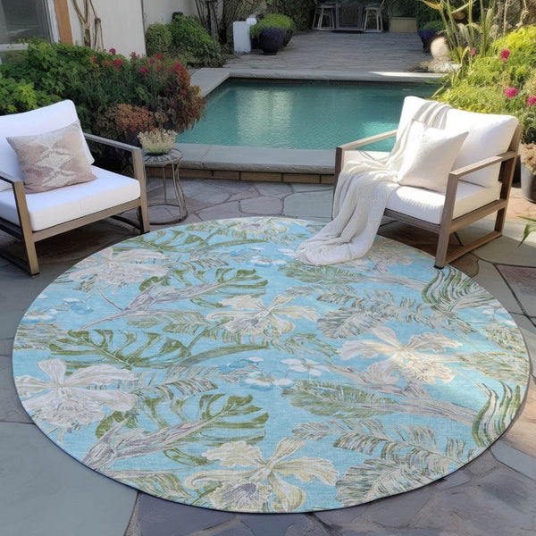 HomeRoots 5' Indoor Outdoor Botanical Leaves Area Rug in Teal Blue, Olive Green & Beige - Durable & Washable 8' Round 618414