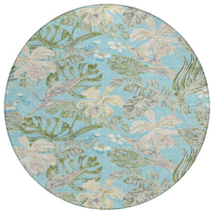 HomeRoots 5' Indoor Outdoor Botanical Leaves Area Rug in Teal Blue, Olive Green & Beige - Durable & Washable 8' Round 618414
