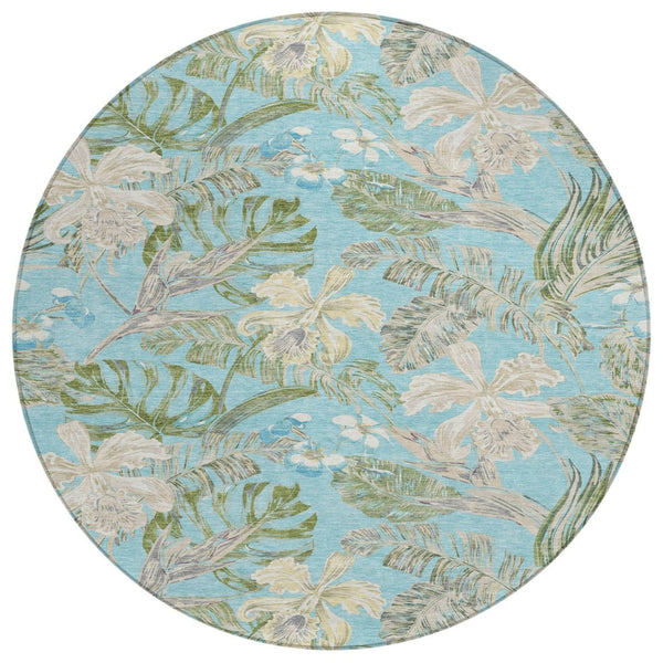 HomeRoots 5' Indoor Outdoor Botanical Leaves Area Rug in Teal Blue, Olive Green & Beige - Durable & Washable 8' Round 618414
