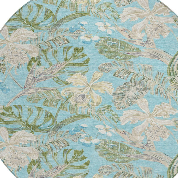 HomeRoots 5' Indoor Outdoor Botanical Leaves Area Rug in Teal Blue, Olive Green & Beige - Durable & Washable 8' Round 618414