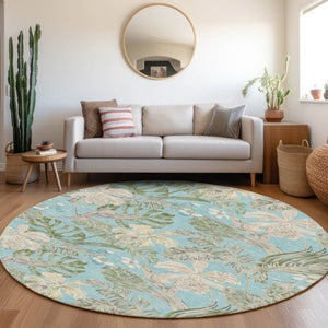 HomeRoots 5' Indoor Outdoor Botanical Leaves Area Rug in Teal Blue, Olive Green & Beige - Durable & Washable 8' Round 618414