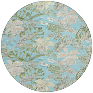 HomeRoots 5' Indoor Outdoor Botanical Leaves Area Rug in Teal Blue, Olive Green & Beige - Durable & Washable 8' Round 618414