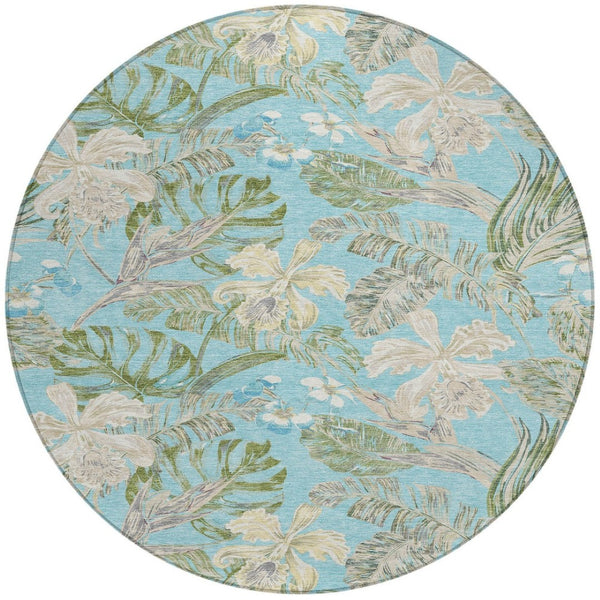 HomeRoots 5' Indoor Outdoor Botanical Leaves Area Rug in Teal Blue, Olive Green & Beige - Durable & Washable 8' Round 618414