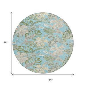 HomeRoots 5' Indoor Outdoor Botanical Leaves Area Rug in Teal Blue, Olive Green & Beige - Durable & Washable 8' Round 618414