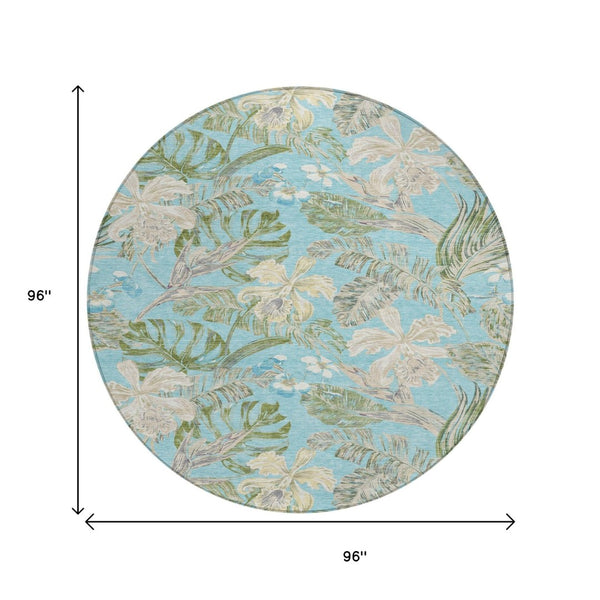 HomeRoots 5' Indoor Outdoor Botanical Leaves Area Rug in Teal Blue, Olive Green & Beige - Durable & Washable 8' Round 618414