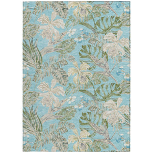 HomeRoots 5' Indoor Outdoor Botanical Leaves Area Rug in Teal Blue, Olive Green & Beige - Durable & Washable 8' X 10' 618415