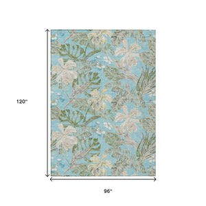 HomeRoots 5' Indoor Outdoor Botanical Leaves Area Rug in Teal Blue, Olive Green & Beige - Durable & Washable 8' X 10' 618415