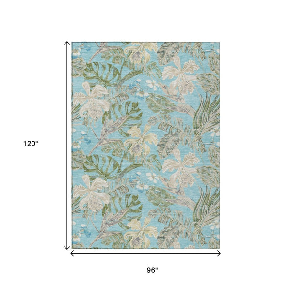 HomeRoots 5' Indoor Outdoor Botanical Leaves Area Rug in Teal Blue, Olive Green & Beige - Durable & Washable 8' X 10' 618415