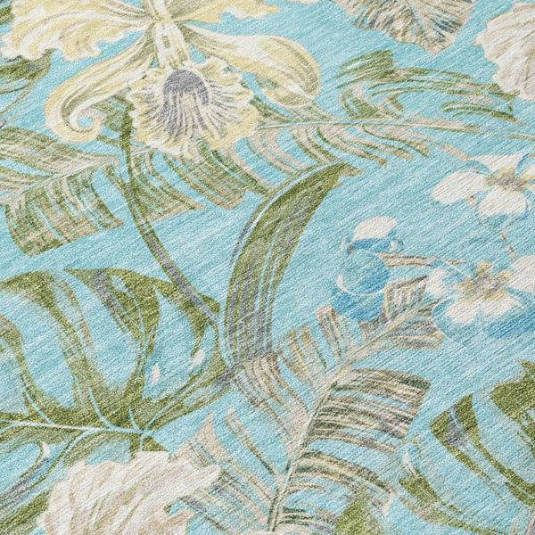 HomeRoots 5' Indoor Outdoor Botanical Leaves Area Rug in Teal Blue, Olive Green & Beige - Durable & Washable 8' X 10' 618415