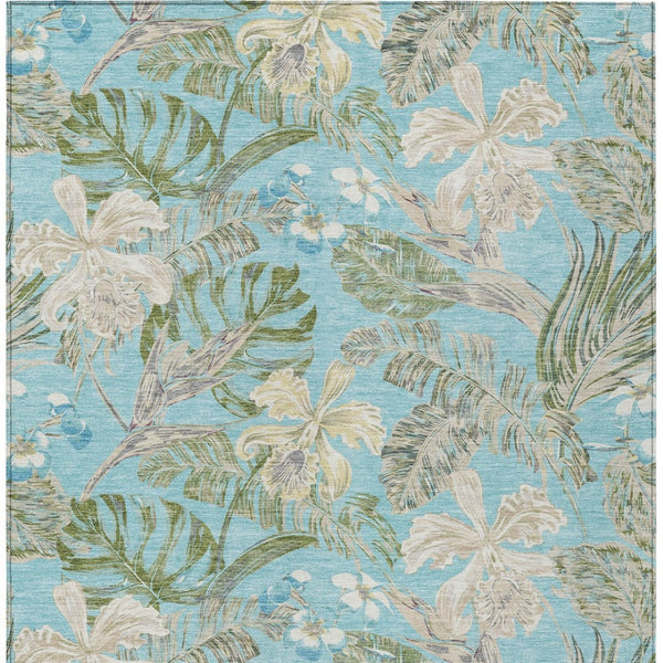 HomeRoots 9' X 12' Washable Botanical Leaves Area Rug in Teal Blue & Olive Green for Indoor/Outdoor Use 618416