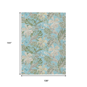 HomeRoots 9' X 12' Washable Botanical Leaves Area Rug in Teal Blue & Olive Green for Indoor/Outdoor Use 618416