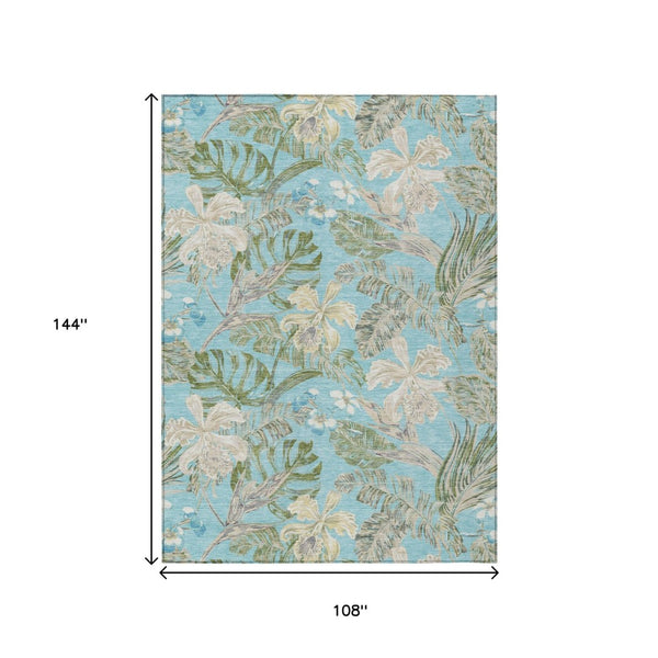 HomeRoots 9' X 12' Washable Botanical Leaves Area Rug in Teal Blue & Olive Green for Indoor/Outdoor Use 618416