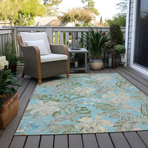 HomeRoots 9' X 12' Washable Botanical Leaves Area Rug in Teal Blue & Olive Green for Indoor/Outdoor Use 618416