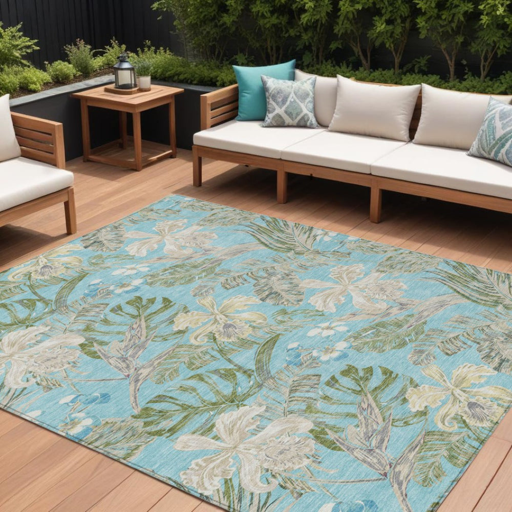 HomeRoots 5' Indoor Outdoor Botanical Leaves Area Rug in Teal Blue, Olive Green & Beige - Durable & Washable 10' X 14' 618417