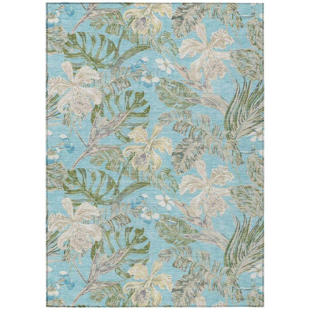 HomeRoots 5' Indoor Outdoor Botanical Leaves Area Rug in Teal Blue, Olive Green & Beige - Durable & Washable 10' X 14' 618417