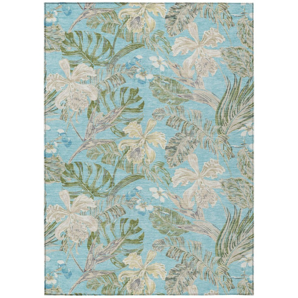 HomeRoots 5' Indoor Outdoor Botanical Leaves Area Rug in Teal Blue, Olive Green & Beige - Durable & Washable 10' X 14' 618417