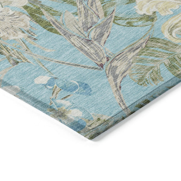 HomeRoots 5' Indoor Outdoor Botanical Leaves Area Rug in Teal Blue, Olive Green & Beige - Durable & Washable 10' X 14' 618417